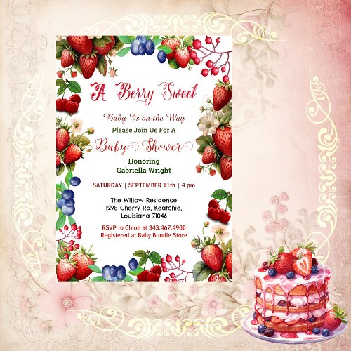 Red Strawberry Baby Shower  Blue Berry Sweet Cute Invitation