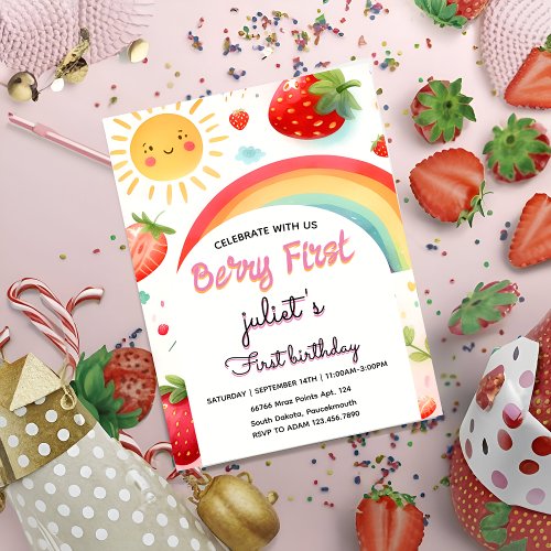 red strawberry berry 1st party First birthday Invitation