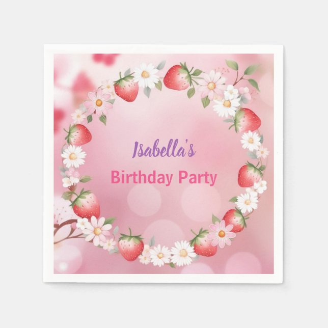 Red Strawberry berry Daisy Birthday Party for her Napkins (Front)