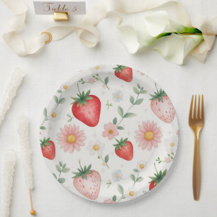 Red Strawberry berry Daisy Birthday Party for her Paper Plates