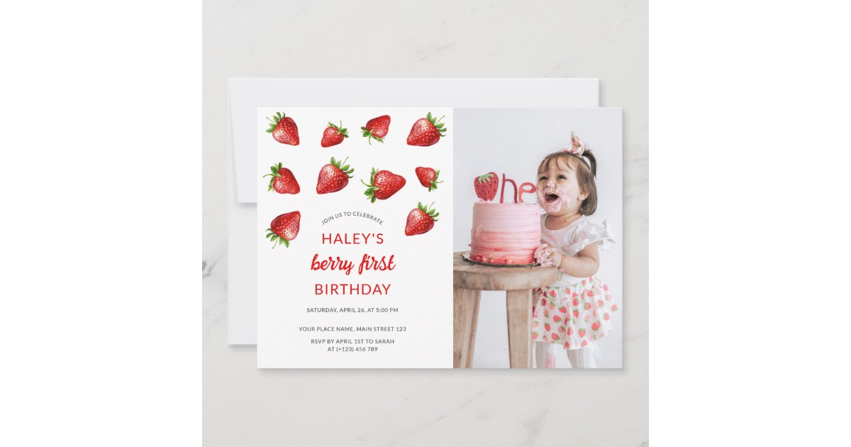 Red Strawberry Berry first 1st Baby Photo Birthday Invitation | Zazzle