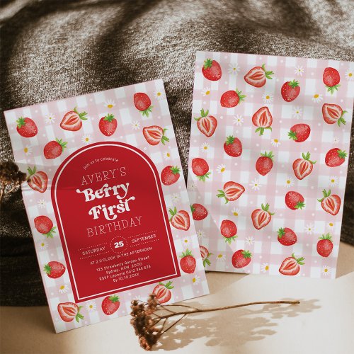 Red Strawberry Berry First 1st Birthday Party Invitation
