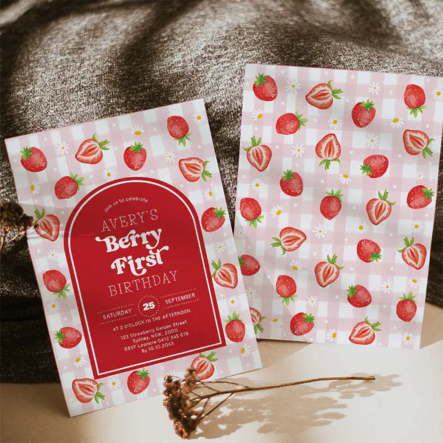 Red Strawberry Berry First 1st Birthday Party Invitation | Zazzle