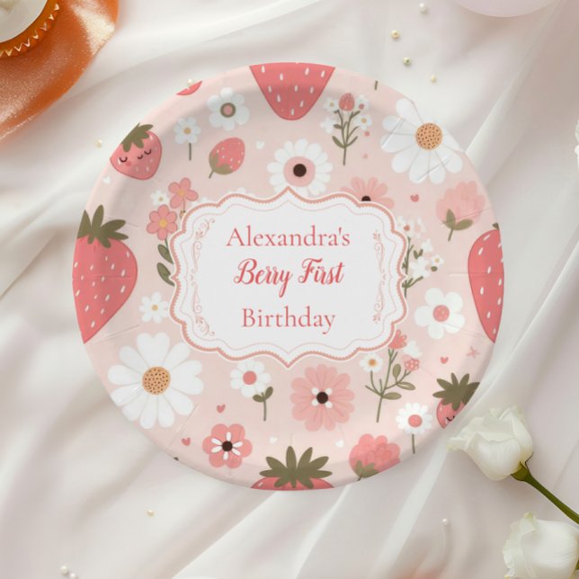 Red Strawberry Berry First 1st Birthday Party Paper Plates (Creator Uploaded)