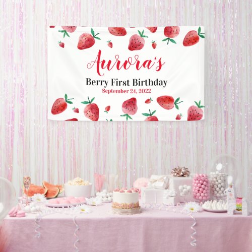 Red Strawberry Berry First Birthday Banner 
