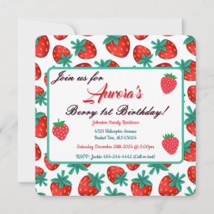 Red Strawberry Berry First Birthday Party Save The Date