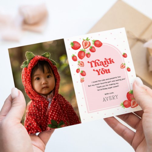 Red Strawberry Berry First Birthday Photo Thank You Card