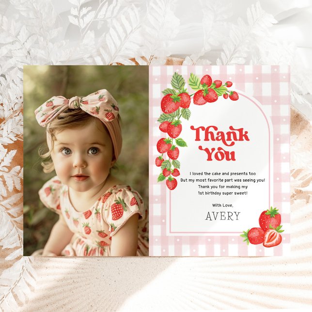 Red Strawberry Berry First Birthday Photo Thank You Card (Creator Uploaded)