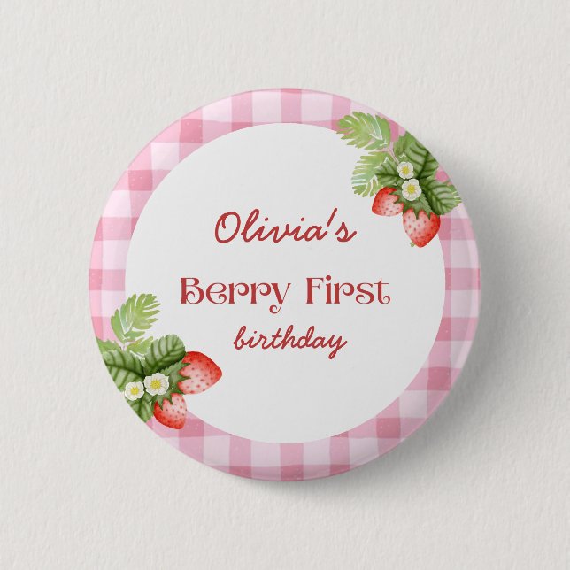 Red Strawberry Berry First Birthday Thank You Button (Front)