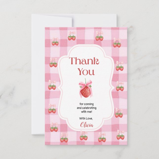 Red Strawberry Berry First Birthday Thank You Card (Front)