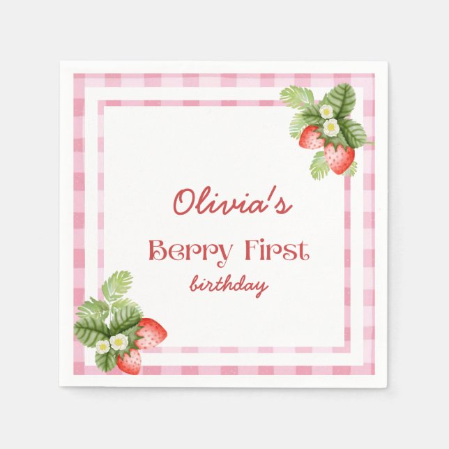 Red Strawberry Berry First Birthday Thank You Napkins (Front)