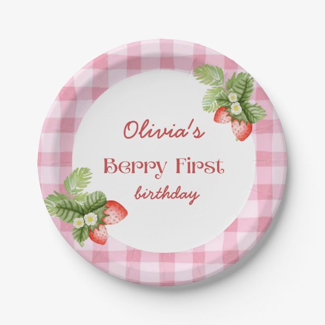 Red Strawberry Berry First Birthday Thank You Paper Plates (Front)