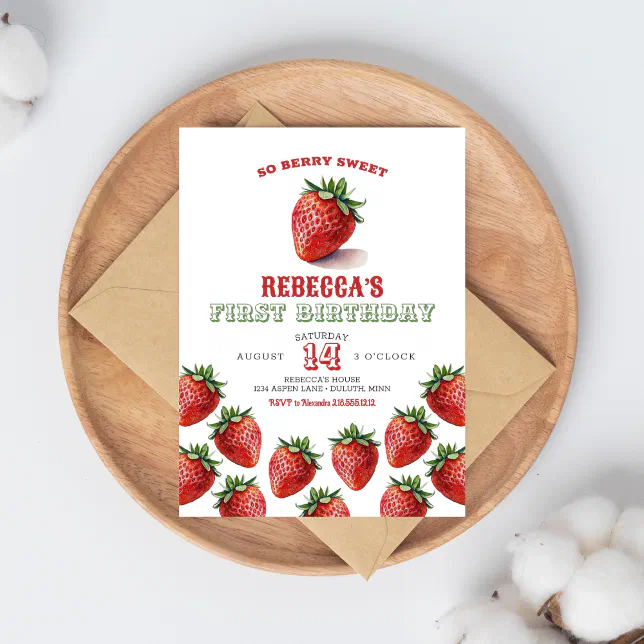 Red Strawberry Berry Sweet 1st Birthday Invitation | Zazzle