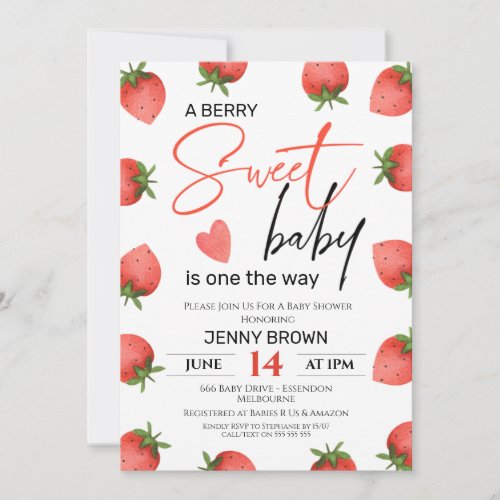 Red Strawberry Berry Sweet Baby Baby Shower  Invitation