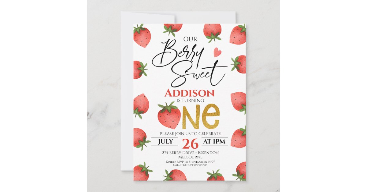 Red Strawberry Berry Sweet First Birthday Invitation | Zazzle