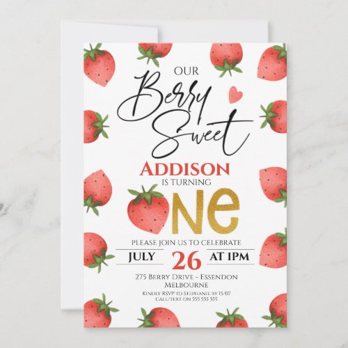 Red Strawberry Berry Sweet First Birthday Invitation