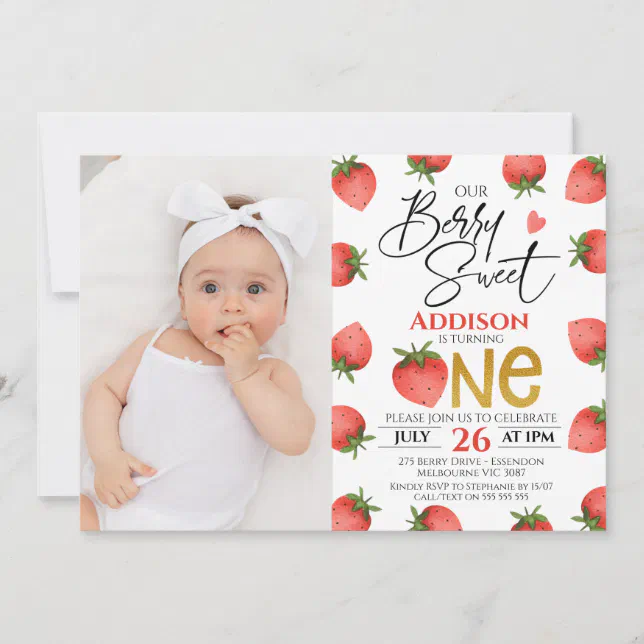 Red Strawberry Berry Sweet Photo First Birthday Invitation | Zazzle