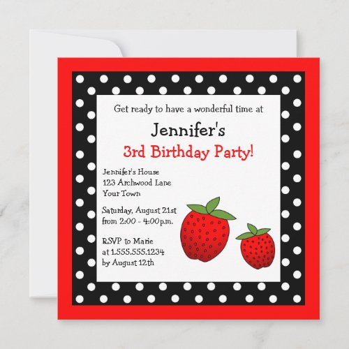 Red Strawberry Birthday Black &amp; White Polka Dots Custom Invite