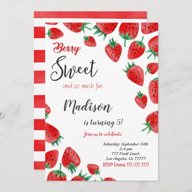 Red Strawberry Birthday Invitation (Front/Back)