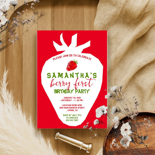 Red StrawBerry Birthday Simple Triangle Invitation
