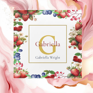 Red Strawberry Blue Berry Modern Gold Monogram Glass Coaster