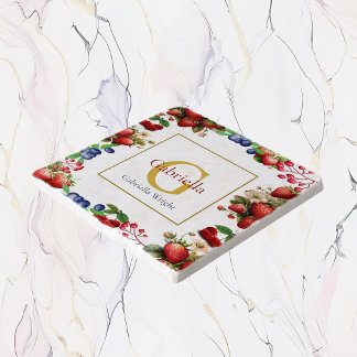 Red Strawberry Blue Berry Modern Gold Monogram Trivet