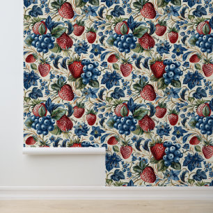 Red Strawberry & Blue Blueberry Farm Style Wallpaper