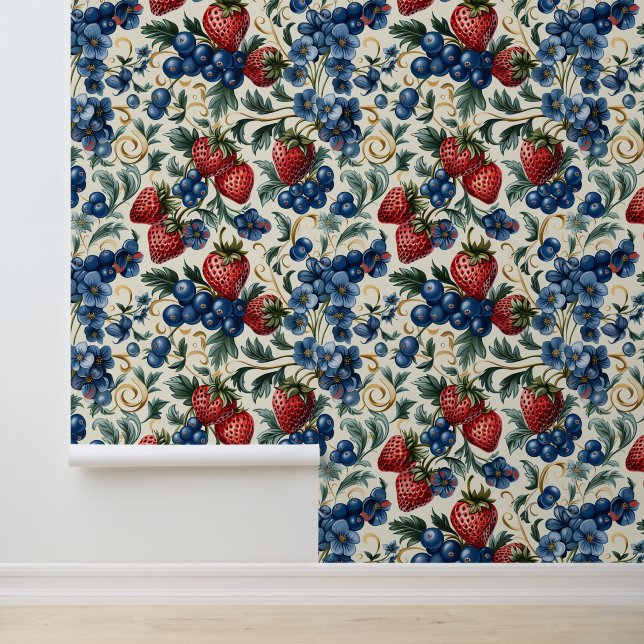 Red Strawberry & Blue Blueberry Farm Style  Wallpaper (Application)