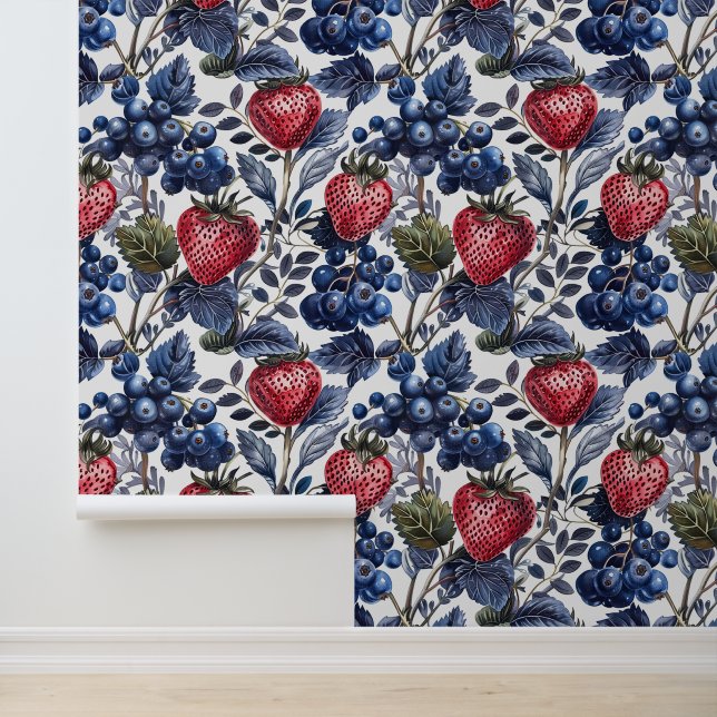 Red Strawberry & Blue Blueberry Farm Style  Wallpaper (Application)