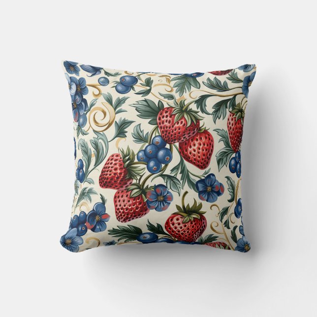 Red Strawberry & Blue Blueberry Royal Farm Style Throw Pillow (Front)