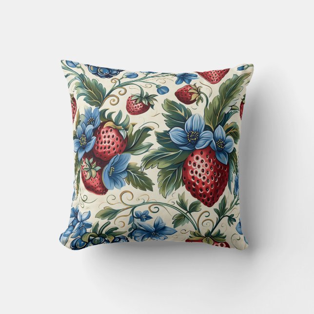 Red Strawberry & Blue Blueberry Royal Farm Style Throw Pillow (Front)