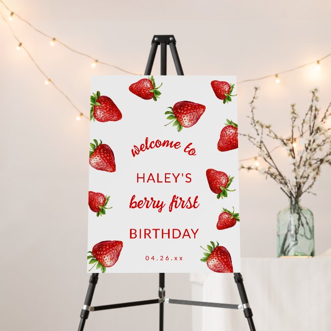 Red Strawberry Cute Berry First 1st Baby Birthday Foam Board (In Situ (Stand))