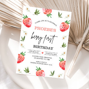 Red Strawberry Daisy Berry Sweet 1st Birthday Invitation
