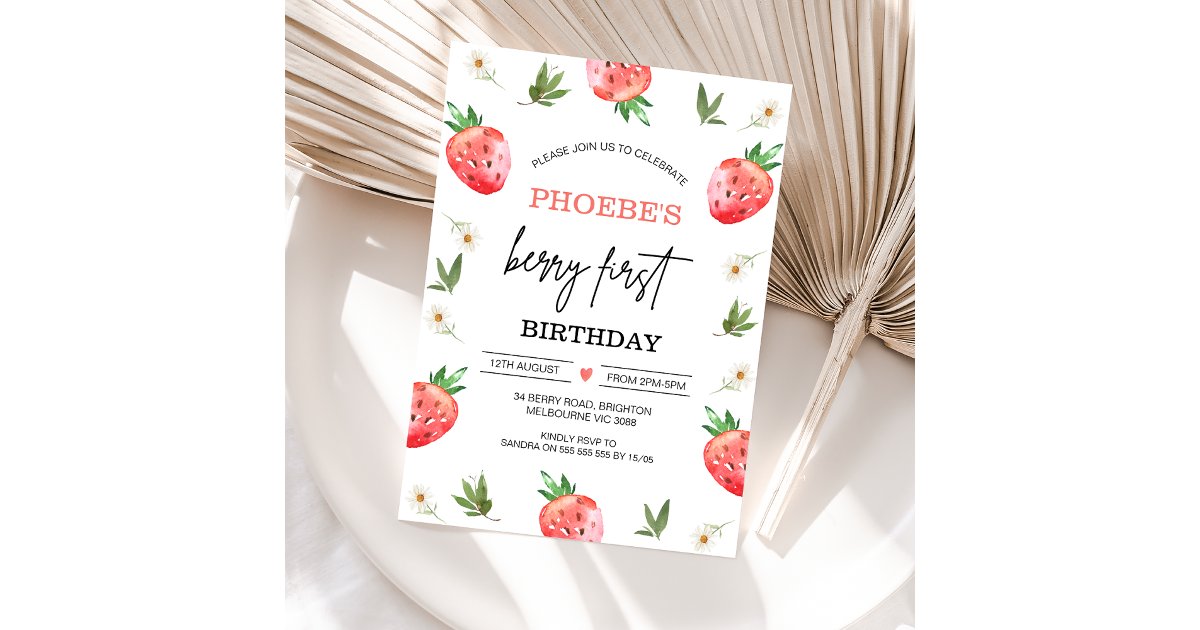Red Strawberry Daisy Berry Sweet 1st Birthday Invitation | Zazzle