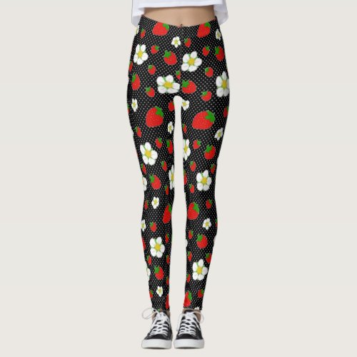 Red Strawberry Dots in Black Leggings