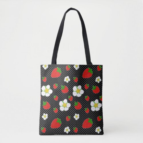 Red Strawberry Dots in Black Tote Bag