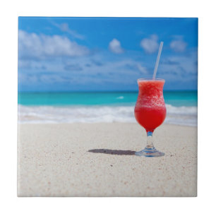 Red Strawberry Drink on the Sandy Beach Ceramic Tile