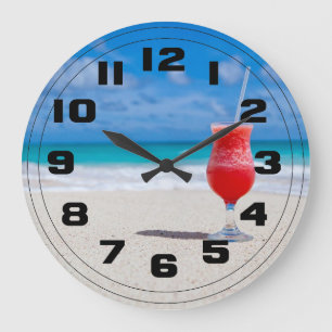 Red Strawberry Drink on the Sandy Beach Large Clock