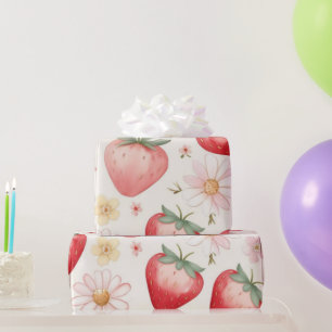 Red Strawberry flowers Birthday Party for her Wrapping Paper