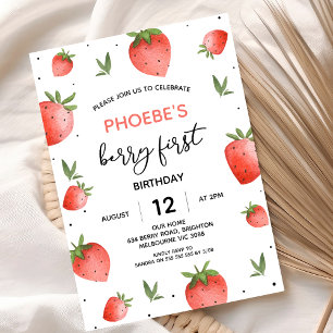 Red Strawberry Foliage Berry First Birthday  Invitation