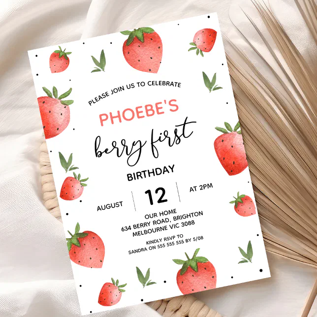 Red Strawberry Foliage Berry First Birthday Invitation | Zazzle