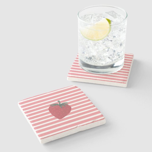 Red Strawberry Fruit and Stripes Stone Coaster (Side)