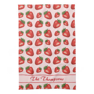 Red Strawberry Fruit Pattern On Pink With Text Kitchen Towel
