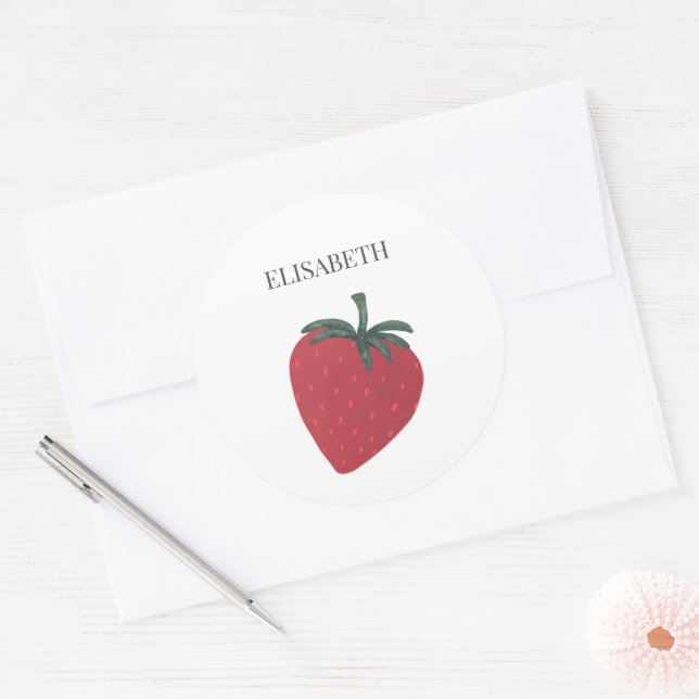 Red Strawberry Fruit Personalized Name Classic Round Sticker (Envelope)
