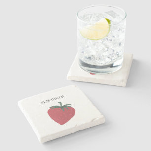 Red Strawberry Fruit Personalized Name Stone Coaster