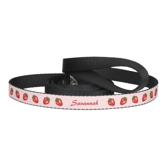 Red Strawberry Fruits On Pink With Custom Pet Name Leash (Handle)