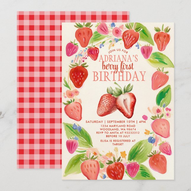 Red Strawberry Gingham Berry Sweet Birthday Invitation (Front/Back)