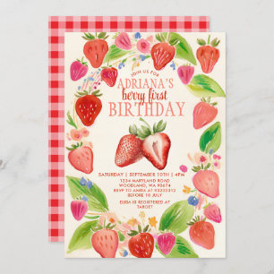 Red Strawberry Gingham Berry Sweet Birthday Invitation