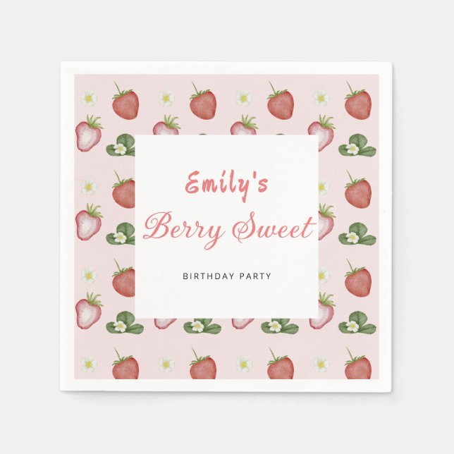 Red Strawberry Girl 1st Birthday Party Berry First Napkins (Front)