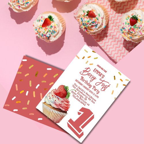 Red Strawberry Girls Berry First Birthday  Invitation